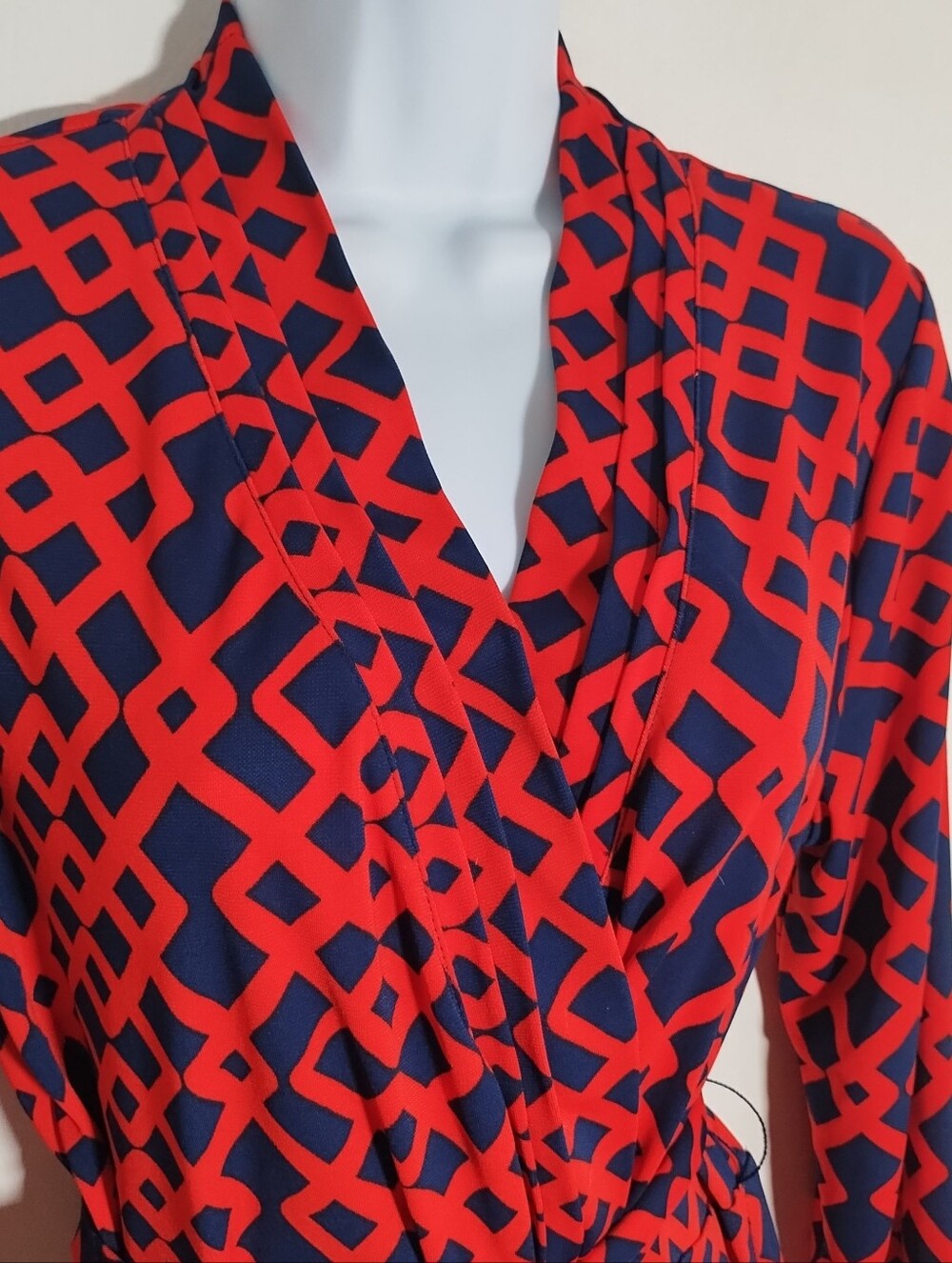 Liz Claiborne Dress Women's L Coral Blue Geometric Print Belted Faux Wrap - Picture 4 of 12